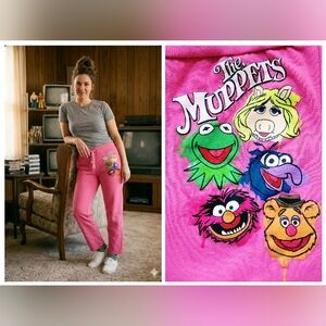 MUPPETS Women's sz M Joggers / Sweatpants Pink Drawstring Disney Vintage